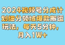 2024视频号分成计划细分领域爆款搬运玩法，每天5分钟，月入1W+-花花网赚