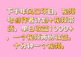 下半年风口项目，视频号创作者计划+视频带货，单日收益1000+，一个视频两份收益，十分钟一个视频，-花花网赚