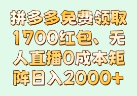拼多多免费领取1700红包、无人直播0成本矩阵日入2000+-花花网赚