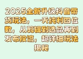 2025全新升级抖音带货玩法，一天纯利四位数，从剪辑到选品再到发布投流，超详细玩法揭秘-花花网赚